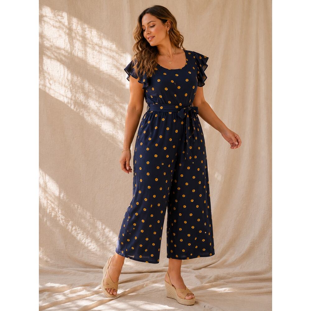 Romper Navy Yellow Polka Dot Wide Leg Jumpsuit Tie Waist Large Flowy
